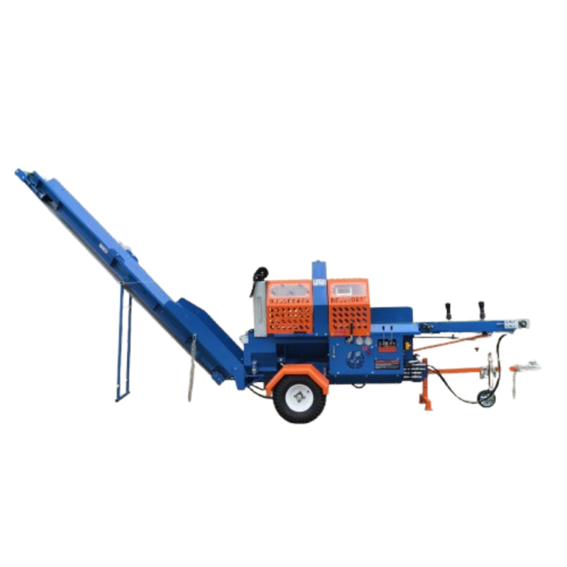 FP-480FR firewood processor full side view blue orange 20 ton hydraulic